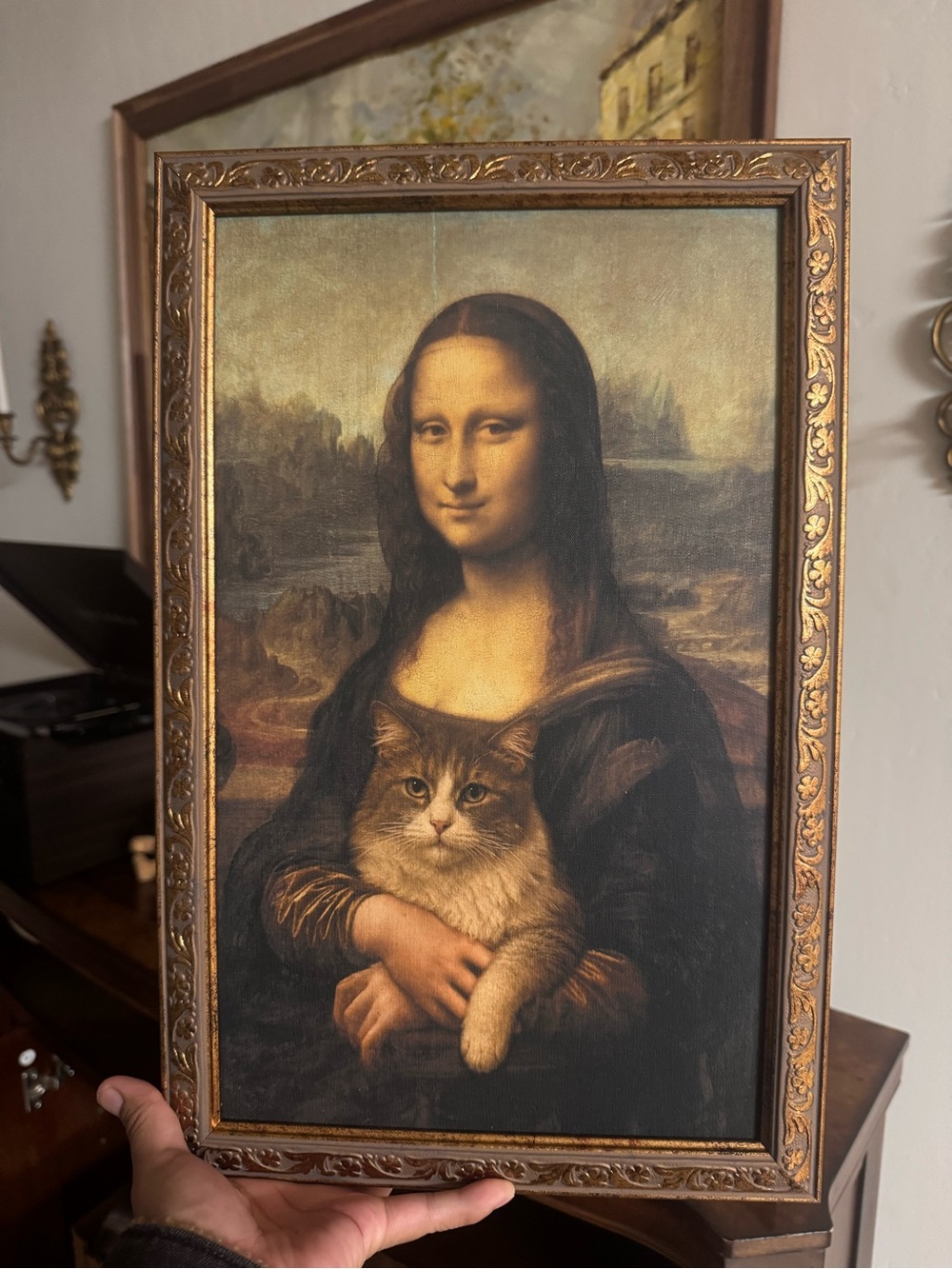 Classic Framed Wall Art - Brown and Black Mona Lisa Cat Print